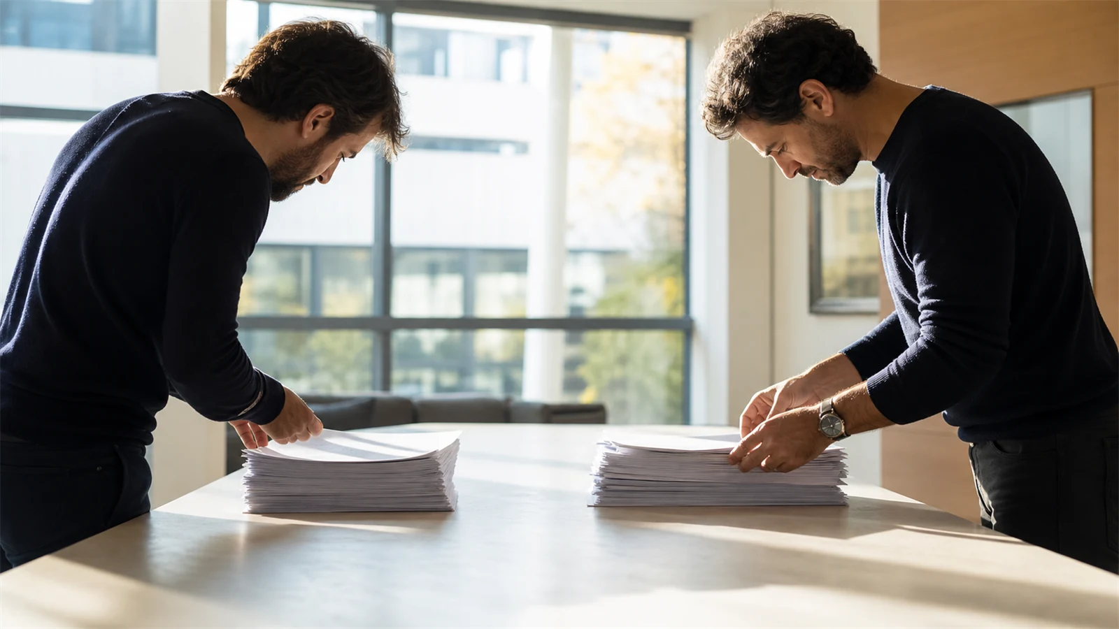 Due colleghi dividono una lista di clienti stampata in due pile uguali e le confrontano