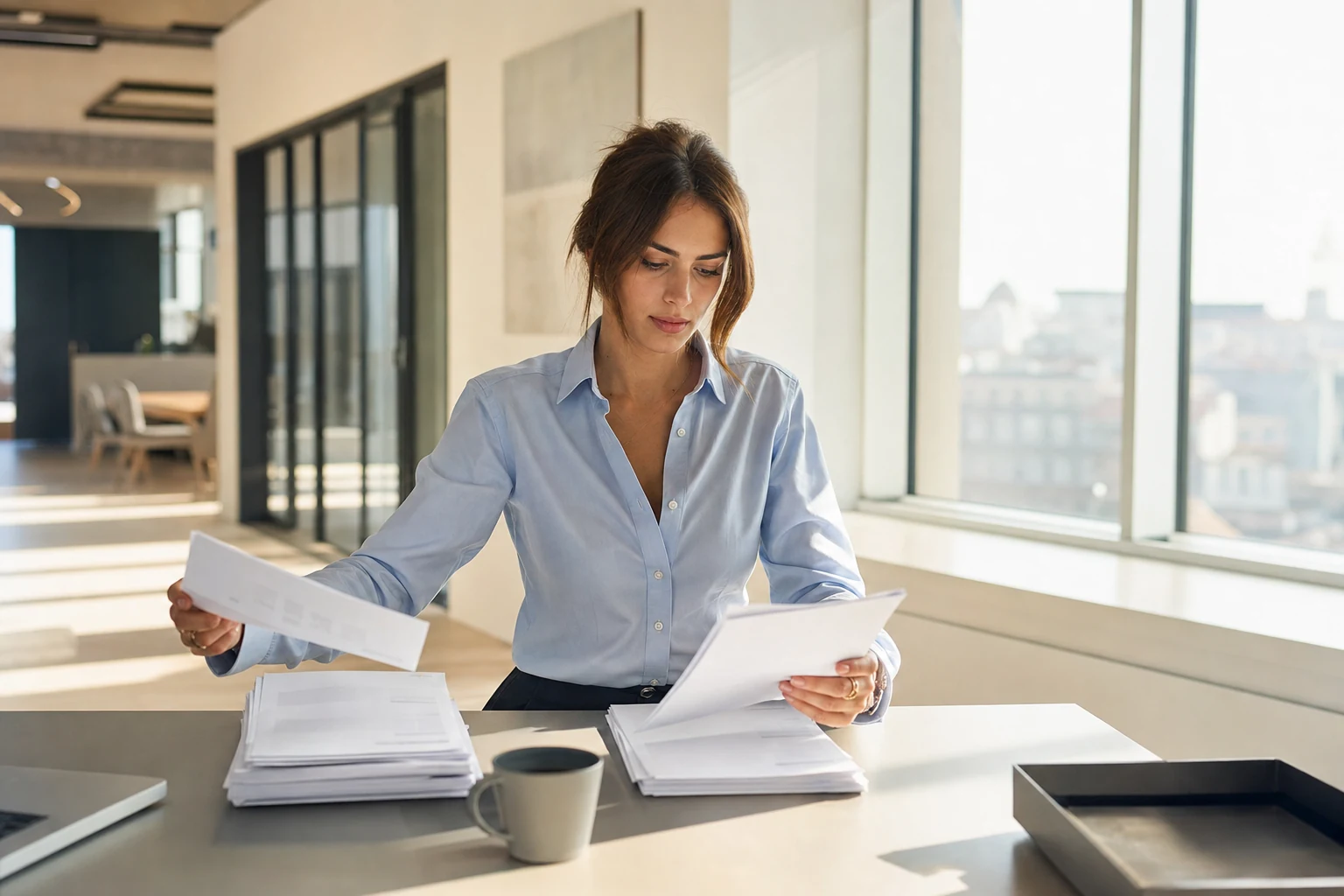 Una professionista in un ufficio luminoso divide una pila di fatture stampate in due mucchi ordinati