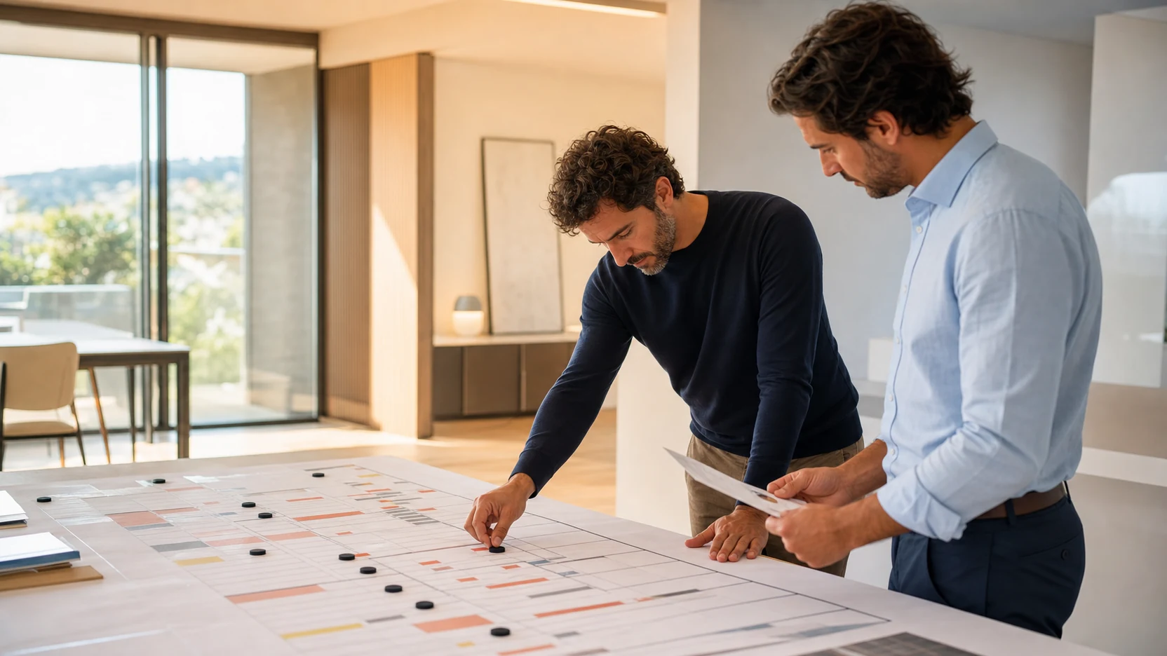 Due colleghi spostano un segnaposto su una griglia di programmazione stampata