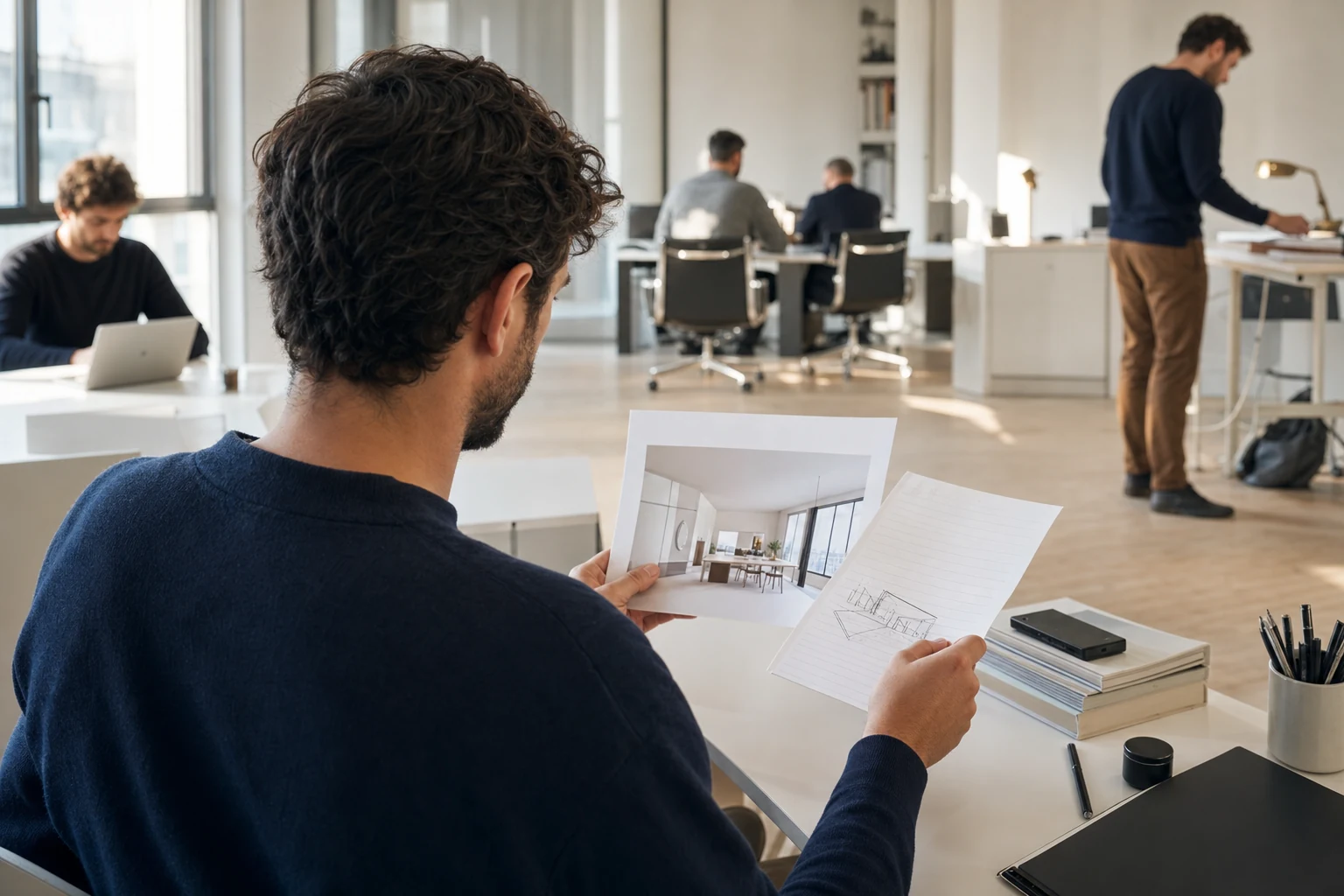 Un professionista in un ufficio luminoso confronta un foglio di suggerimenti stampato con un proprio appunto scritto a mano