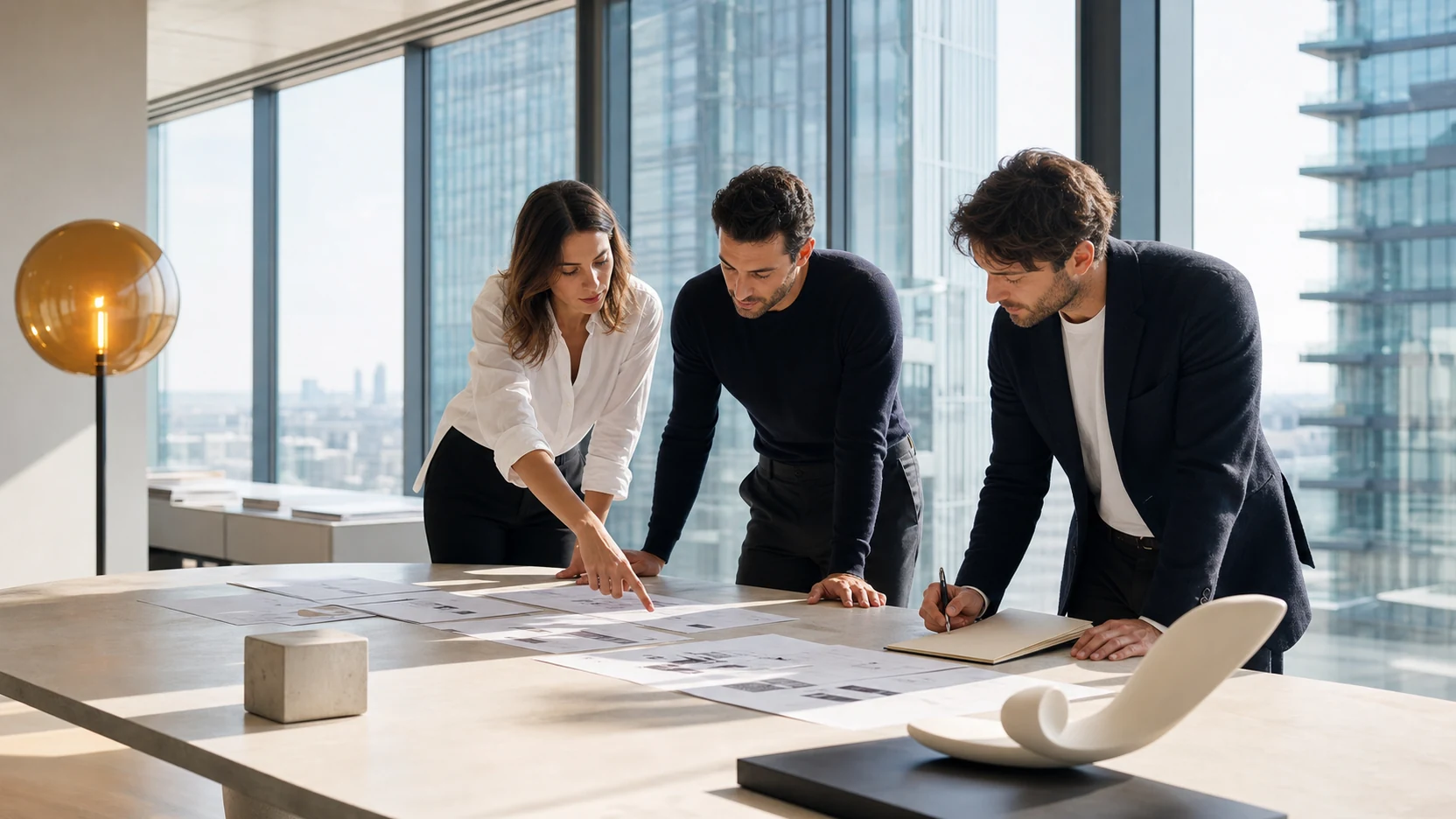 Tre professionisti intorno a un tavolo guardano insieme dei grafici stampati