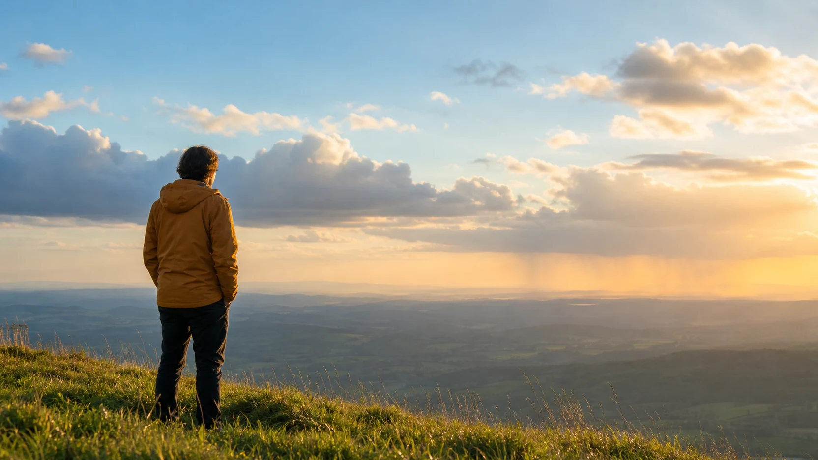 Una persona in cima a una collina all'alba guarda un cielo ampio con nuvole e raggi di sole in lontananza