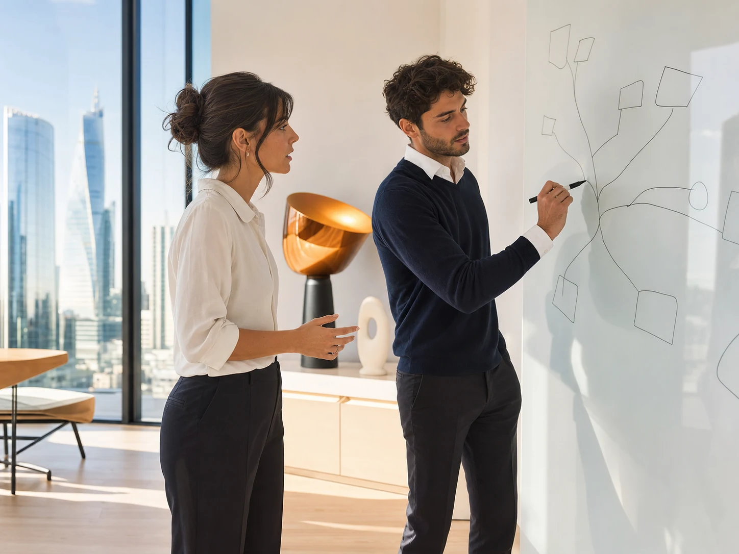 Due colleghi a una lavagna in un ufficio luminoso disegnano insieme un albero che si ramifica