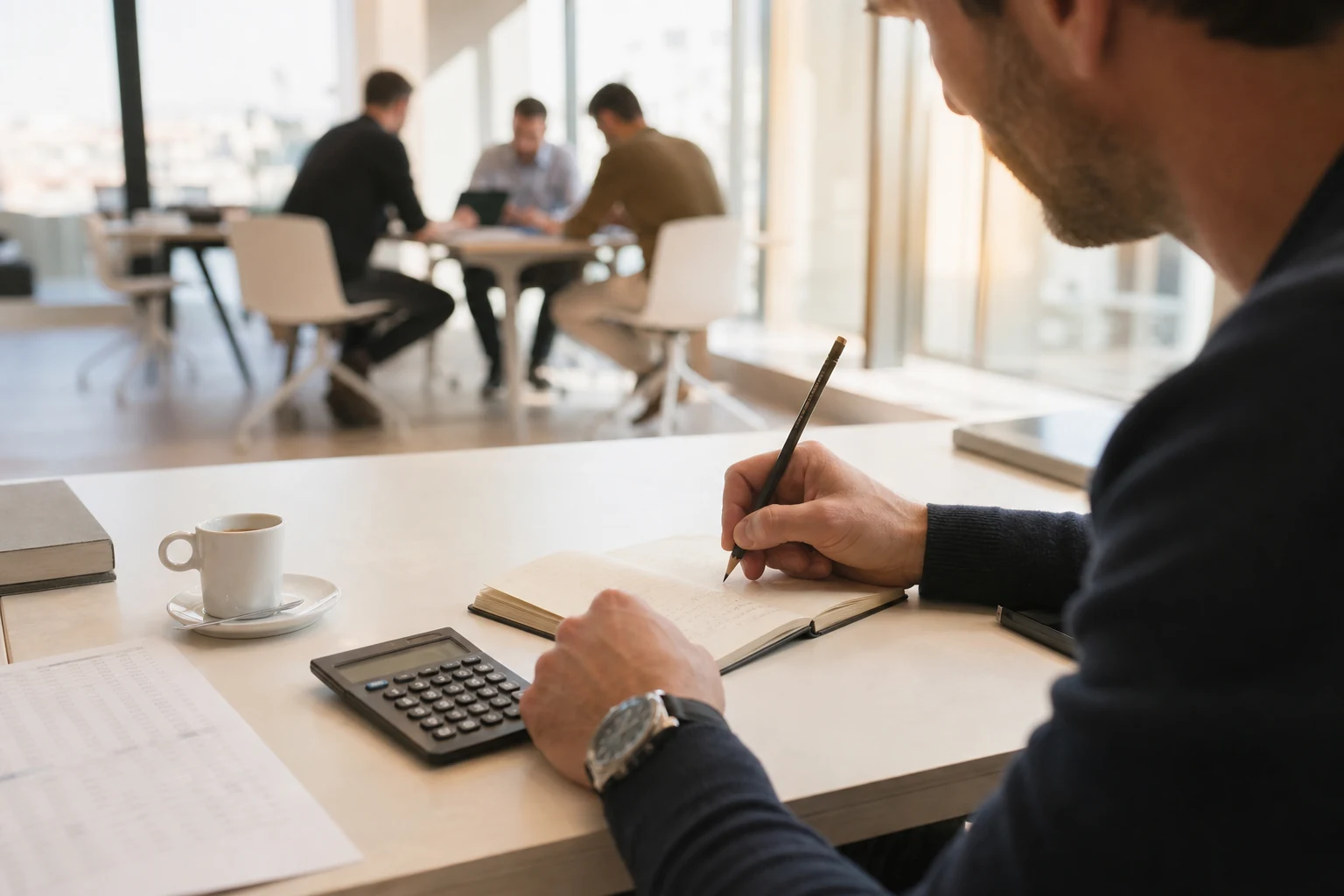 Le mani di un professionista scrivono un calcolo a matita su un taccuino accanto a una calcolatrice e a una lista stampata