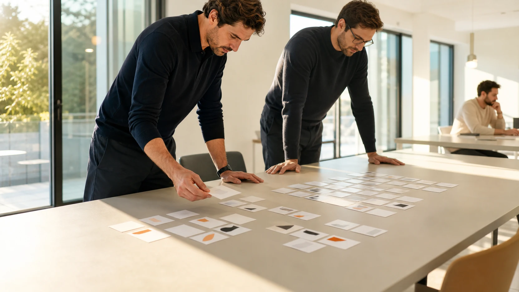 Due colleghi ordinano schede clienti stampate in quattro gruppi, uno tiene in mano una scheda indecisa