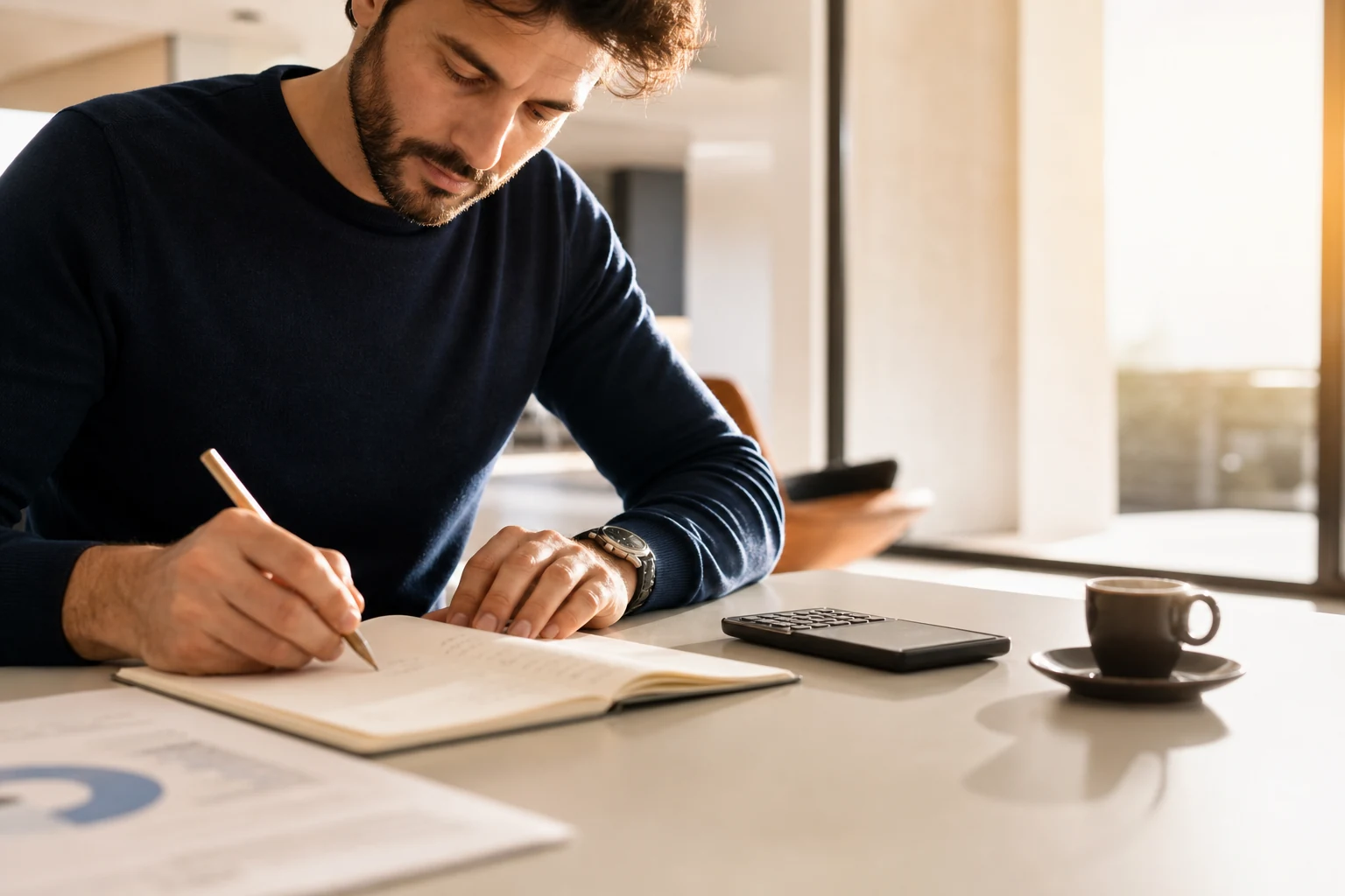 Le mani di un professionista scrivono un calcolo a matita su un taccuino, accanto una calcolatrice e un foglio stampato